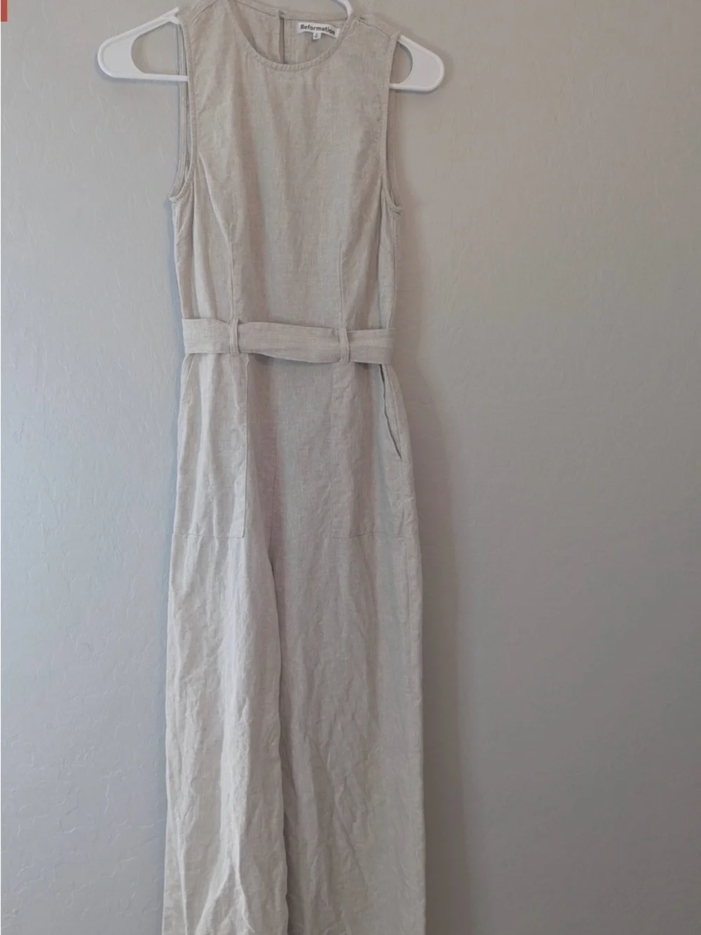 Reformation Naomi Sleeveless Tie-Waist Linen Jumpsuit in Natural Beige